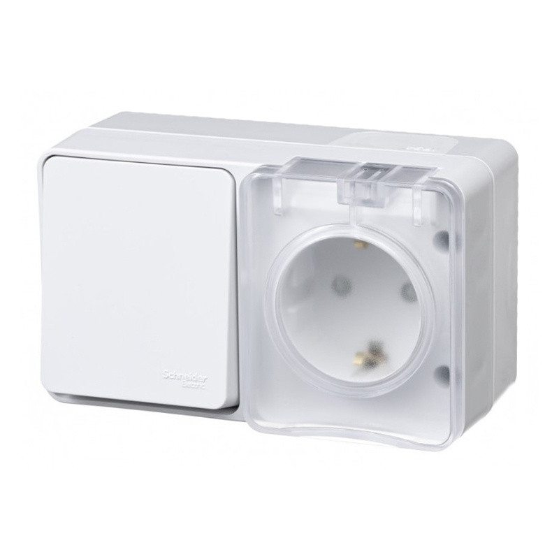 Блок БКВР с/у Atlasdesign Profi ATN544070, 1 клавиша + 1 гнездо с/з, з/ш и крышкой, IP54, белый