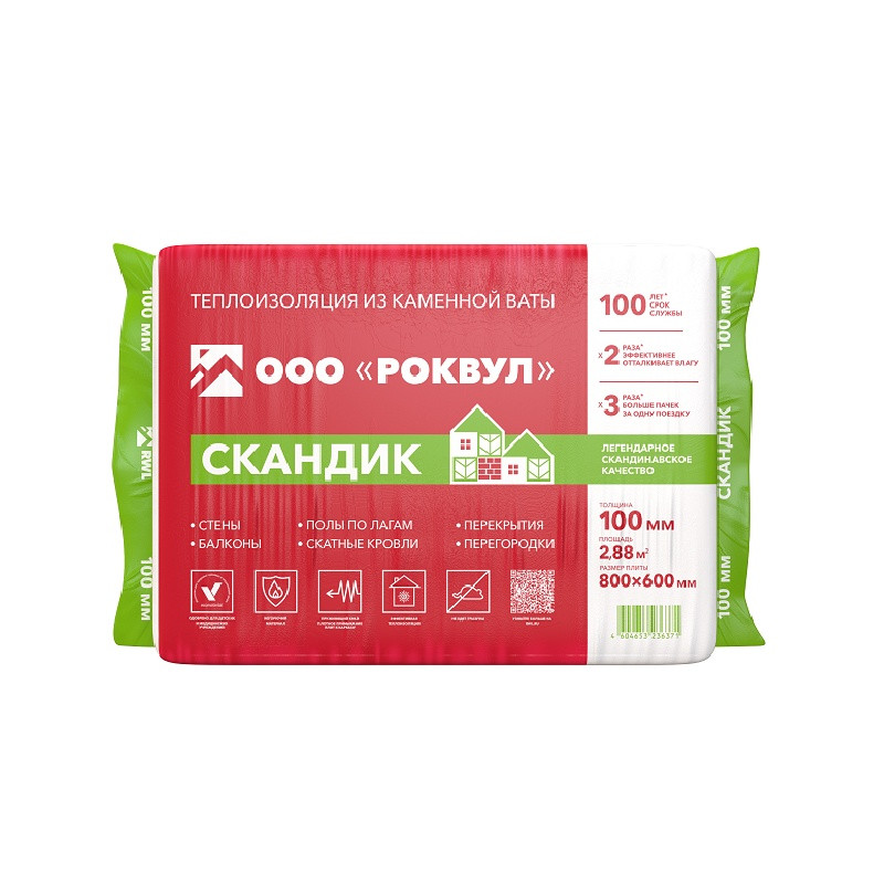 Утеплитель Rockwool Лайт Баттс Скандик 800х600х100 мм, 6 шт