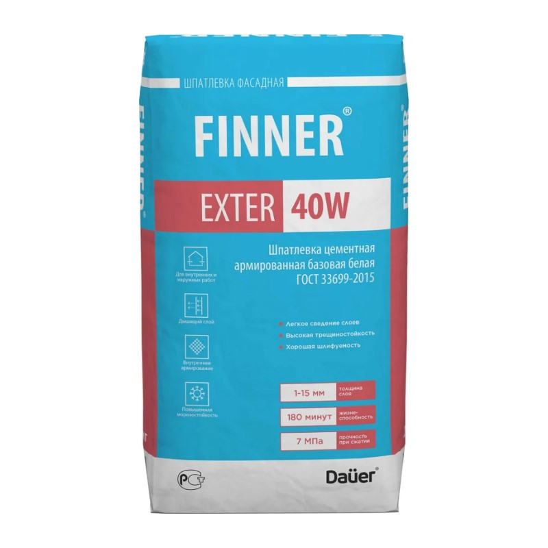 Шпатлевка цементная армированная базовая Dauer Finner Exter 40 W белая (25 кг)